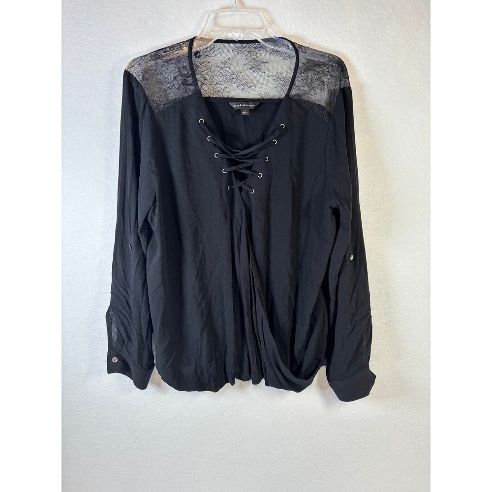 Rock & Republic Blouse Womens XL Black Lace Trim V-Neck Lace Up Boho Chic Top